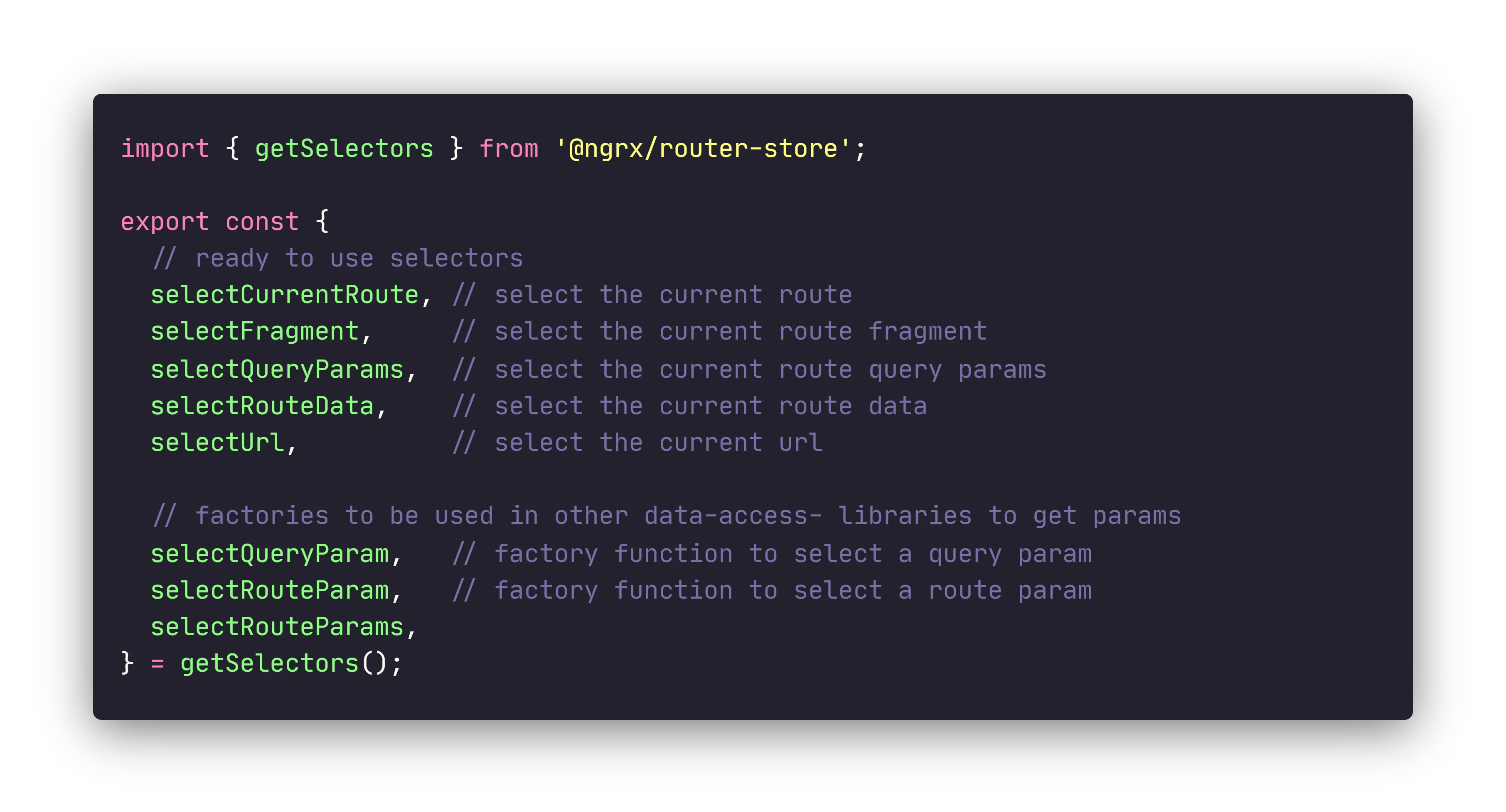 List of all selectors and selector factories available out of the box when using @ngrx/router-store