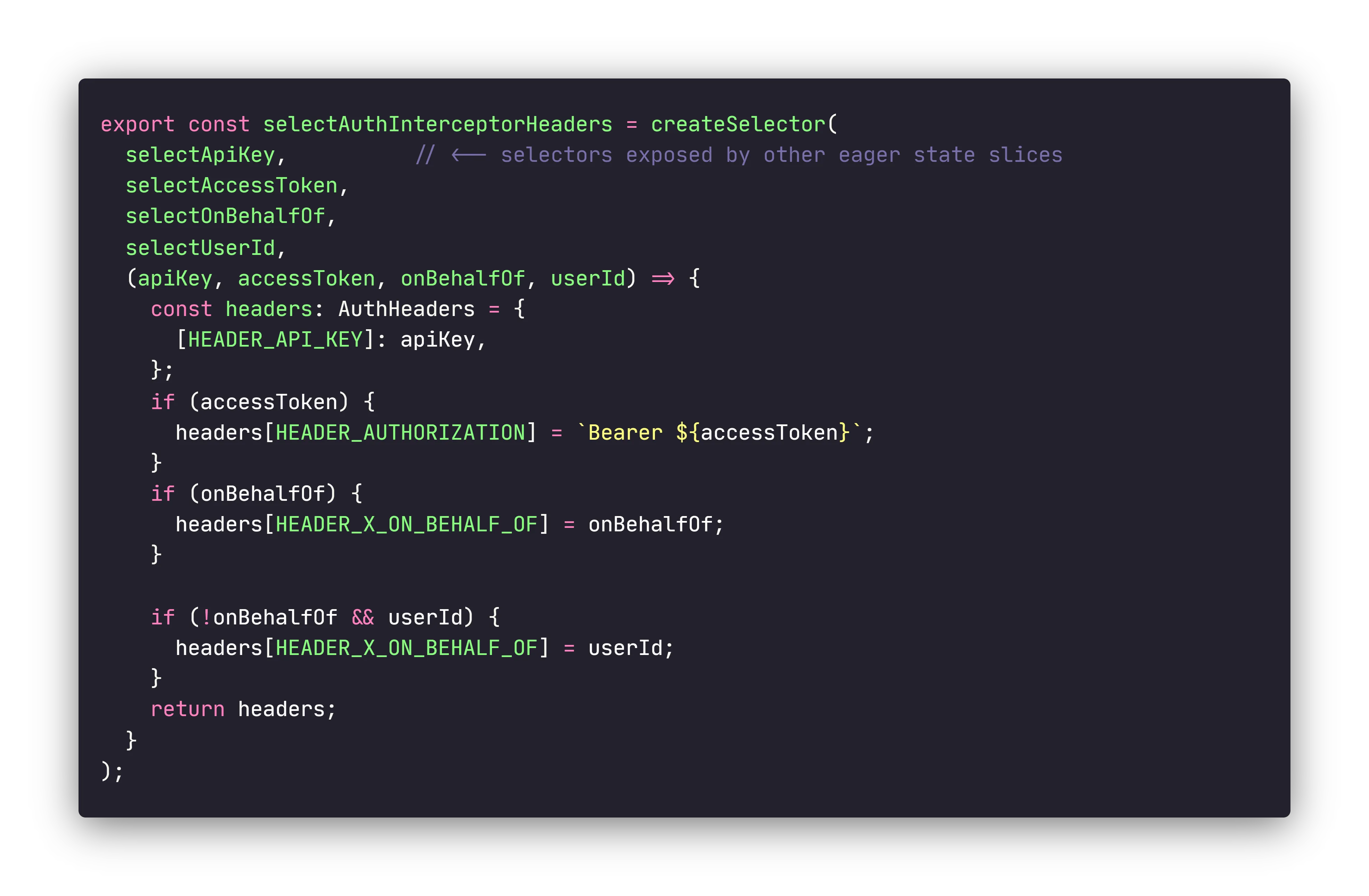 Example of a NgRx local selector implementation which combines data exposed by the selectors of other eager state slices