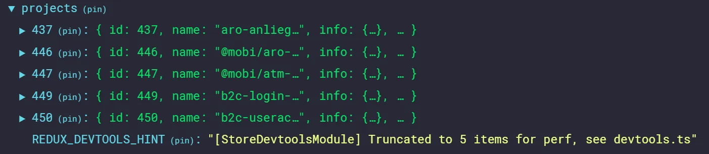 Example of NgRx store state with truncated list of items to prevent performance issue, its a custom implementation so it will be specific to given application and application state