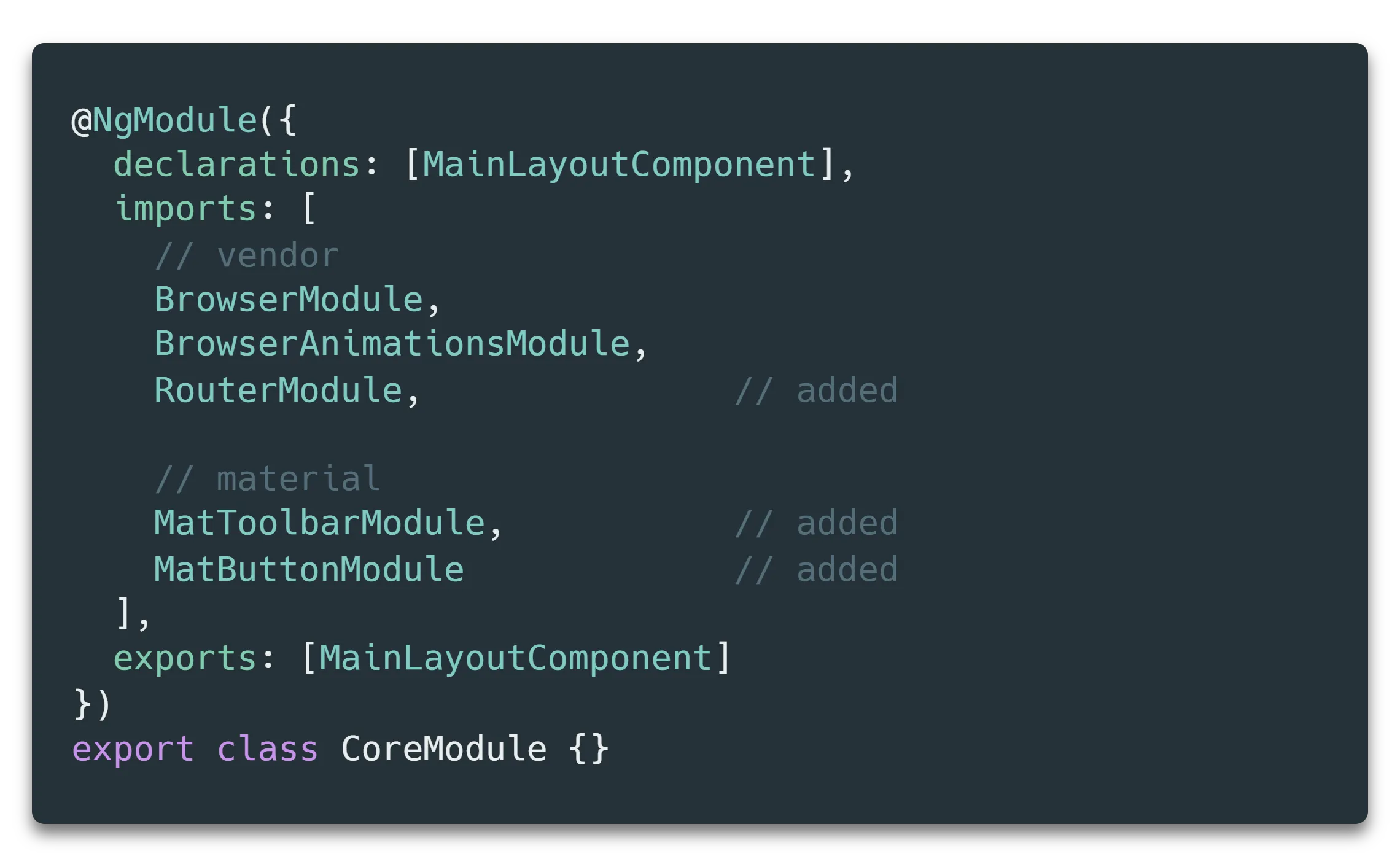 Please notice helpful import grouping and comments like **// vendor** and **// material** … They are NOT mandatory but nice to have because they let your colleagues (or even you in the future) get a quick overview of the module structure compared to long randomly sorted list of imports!