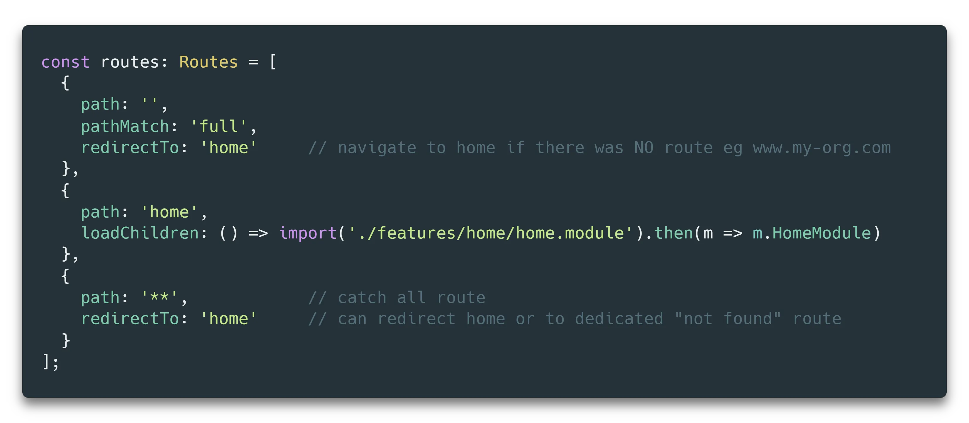 Angular routing config example with generated “home” lazy route, initial redirect and catch all route