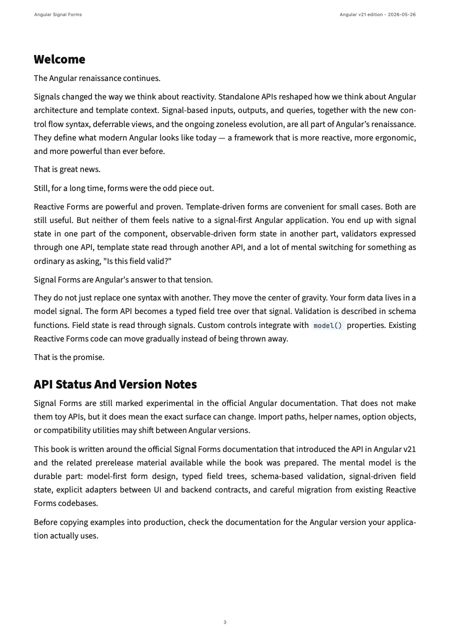 Preview page showing opening notes and context from the Angular Signal Forms ebook