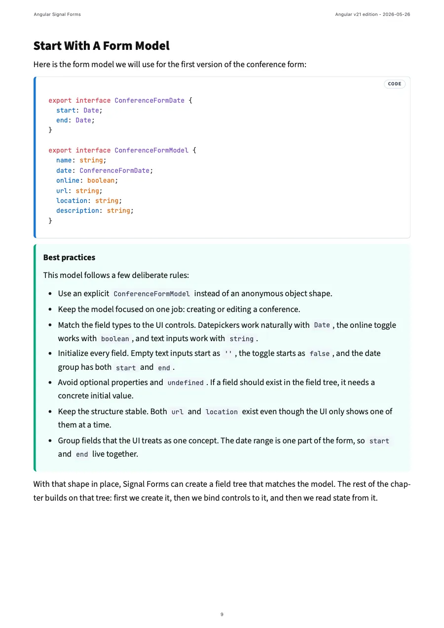Preview page showing a typed Signal Forms model example